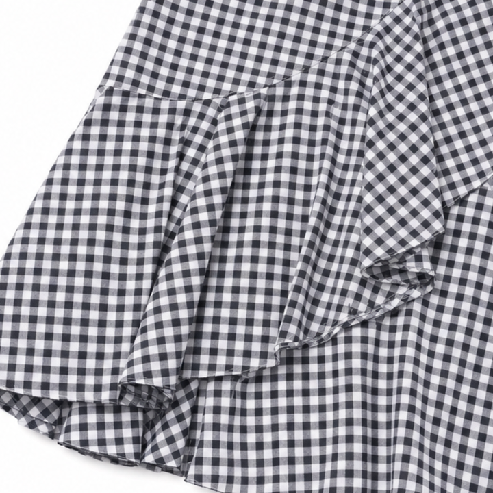 Női lenvászon gingham fodros, magas derekú, kockás maxi szoknya, bokáig érő fazon
