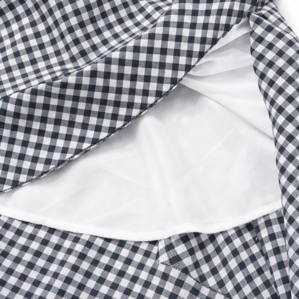 Női lenvászon gingham fodros, magas derekú, kockás maxi szoknya, bokáig érő fazon
