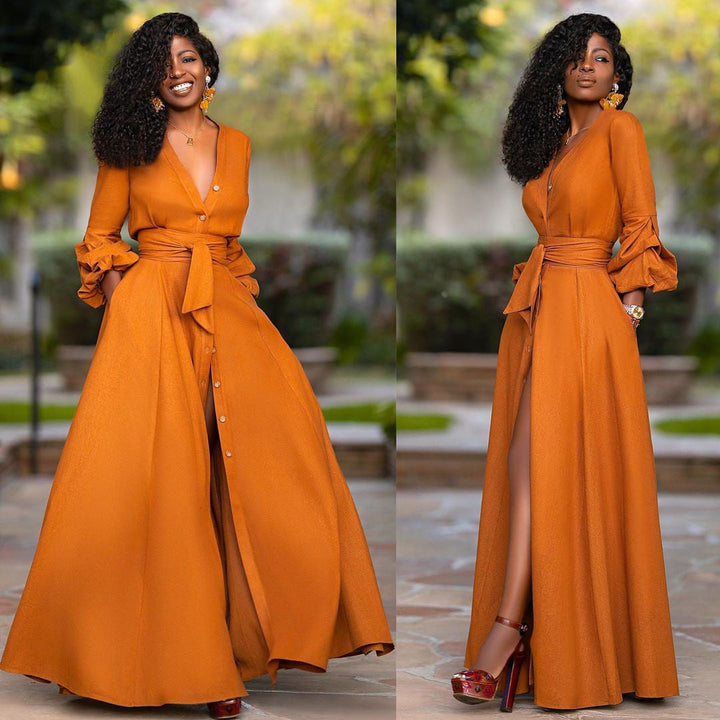 Women's Linen High Slit Wrap Maxi Shirt Dress