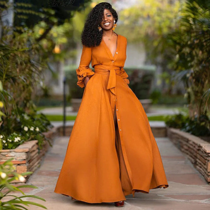 Women's Linen High Slit Wrap Maxi Shirt Dress