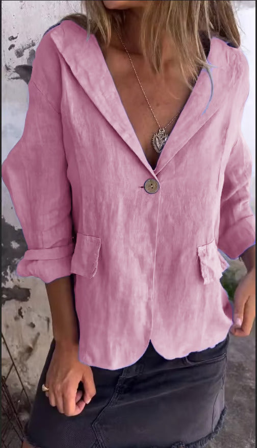 Women's Linen Blazer Lightweight Summer Jacket Tailored Work Shirt Breathable Top