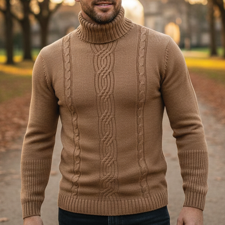 Men's Merino Wool Roll Neck Cable Knit Jumper