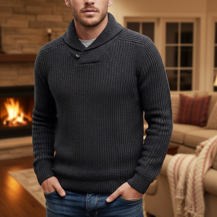Men’s Merino Wool Ribbed Shawl-Collar Sweater