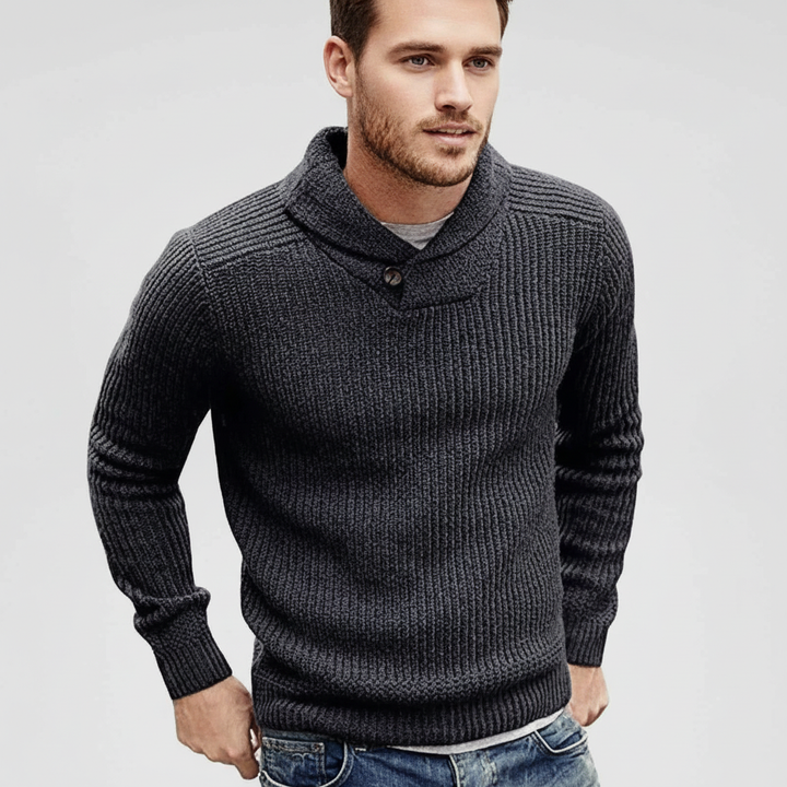 Men’s Merino Wool Ribbed Shawl-Collar Sweater