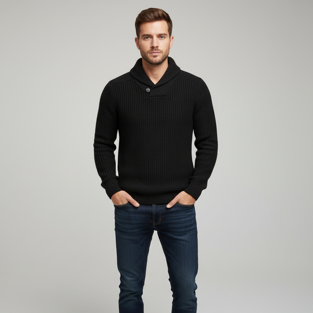 Men’s Merino Wool Ribbed Shawl-Collar Sweater