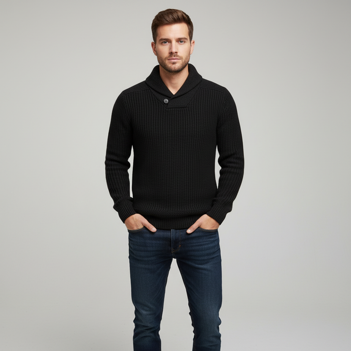 Men’s Merino Wool Ribbed Shawl-Collar Sweater