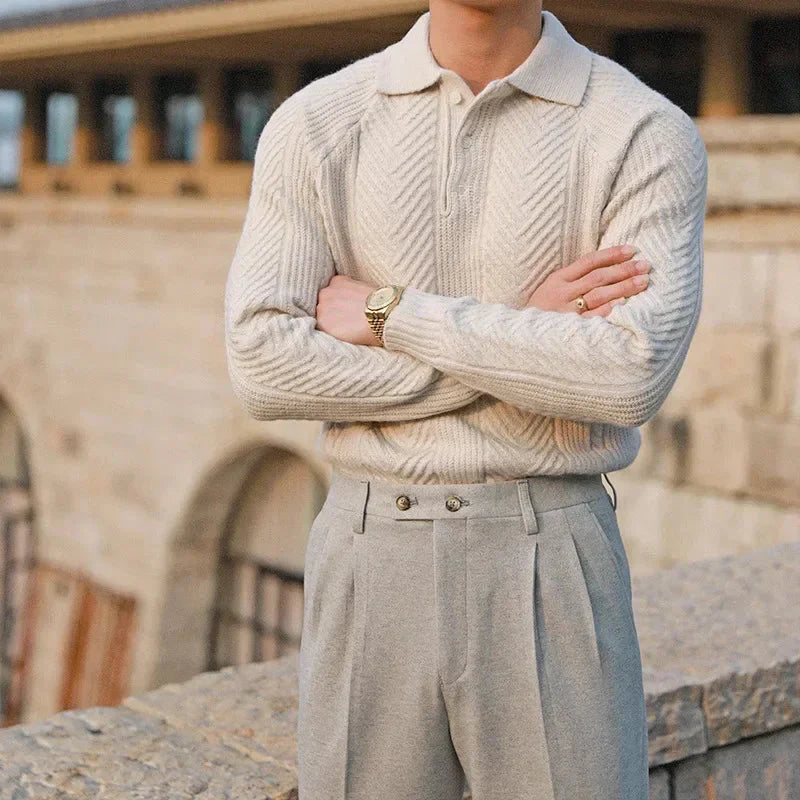 Men's Knit Merino Wool Quarter-Button Polo Pullover Sweater