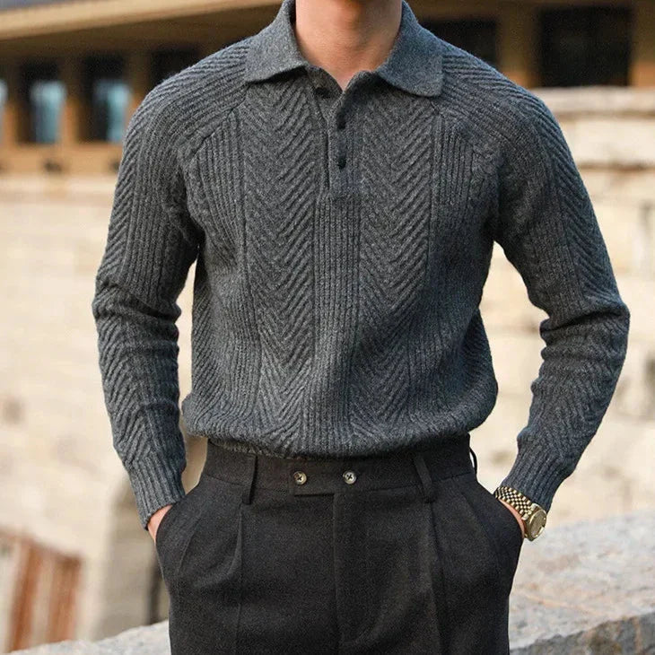 Men's Knit Merino Wool Quarter-Button Polo Pullover Sweater