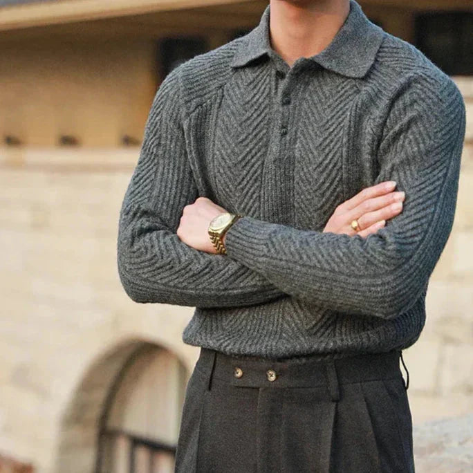Men's Knit Merino Wool Quarter-Button Polo Pullover Sweater