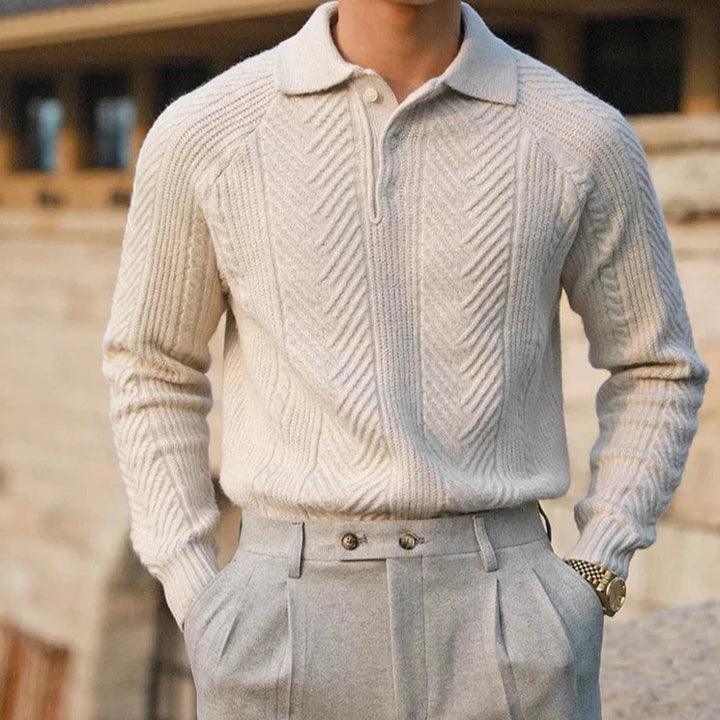 Men's Knit Merino Wool Quarter-Button Polo Pullover Sweater