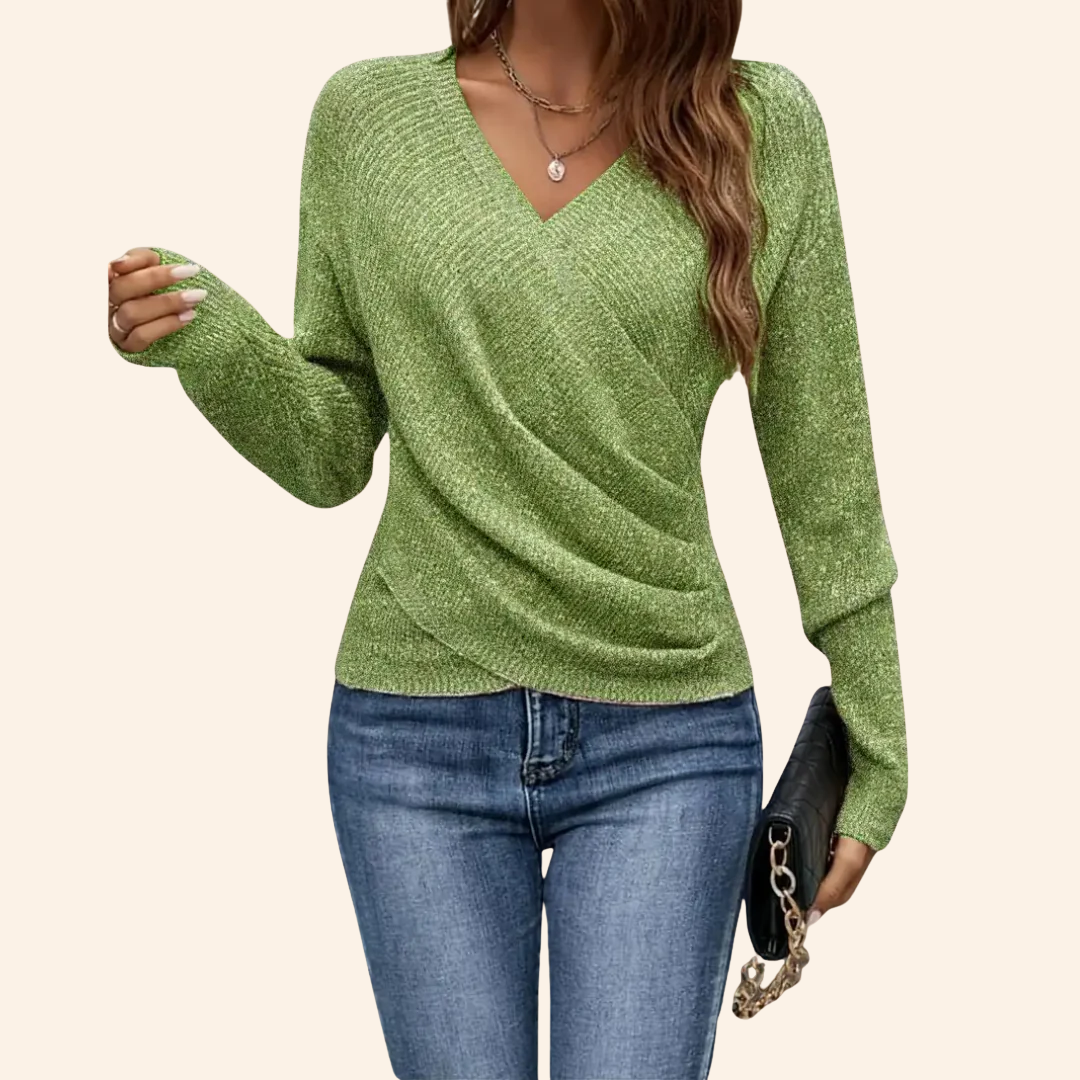 Wool Blend V-Neck Wrap Knit Women Sweater Long Sleeve Slim Fit Top