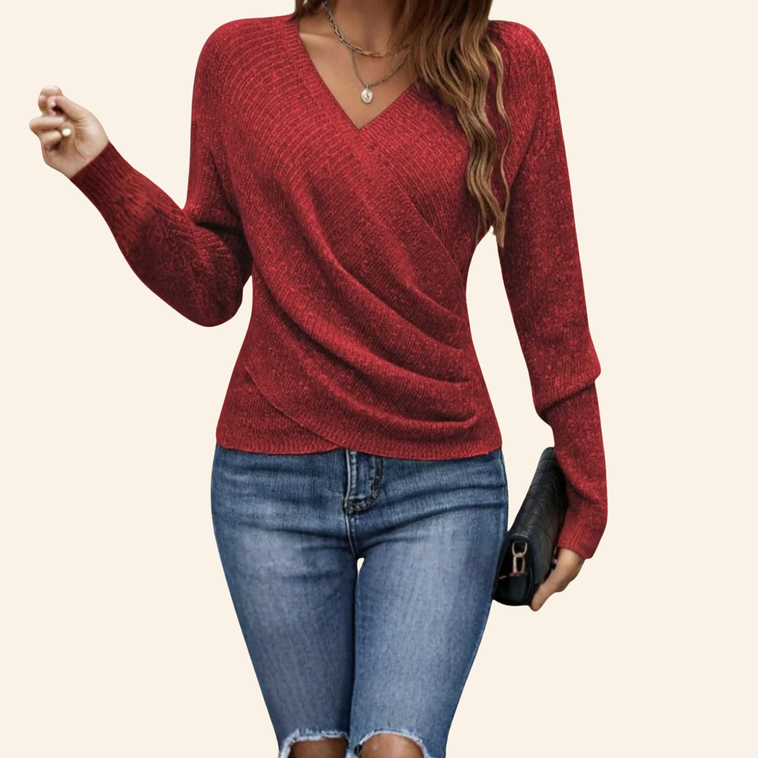 Wool Blend V-Neck Wrap Knit Women Sweater Long Sleeve Slim Fit Top