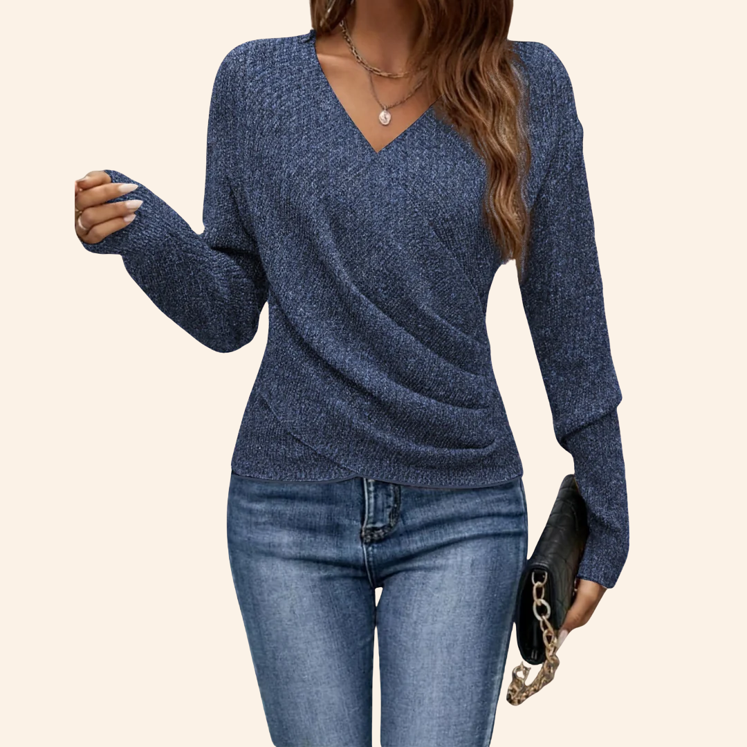 Wool Blend V-Neck Wrap Knit Women Sweater Long Sleeve Slim Fit Top