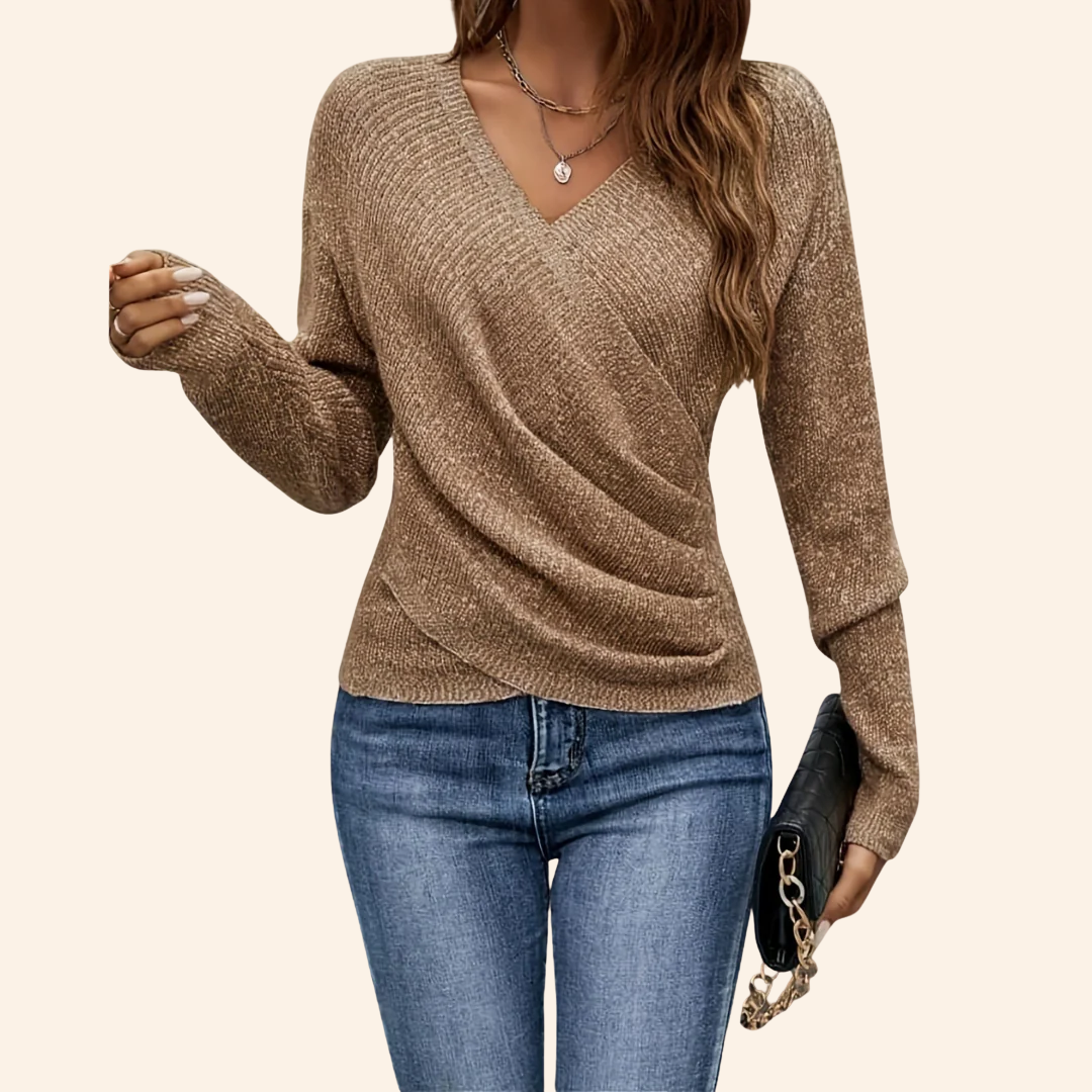 Wool Blend V-Neck Wrap Knit Women Sweater Long Sleeve Slim Fit Top