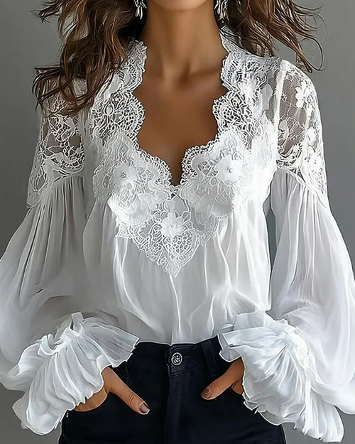 Chemisier élégant en mousseline de soie et dentelle, col en V, manches longues, pour femme