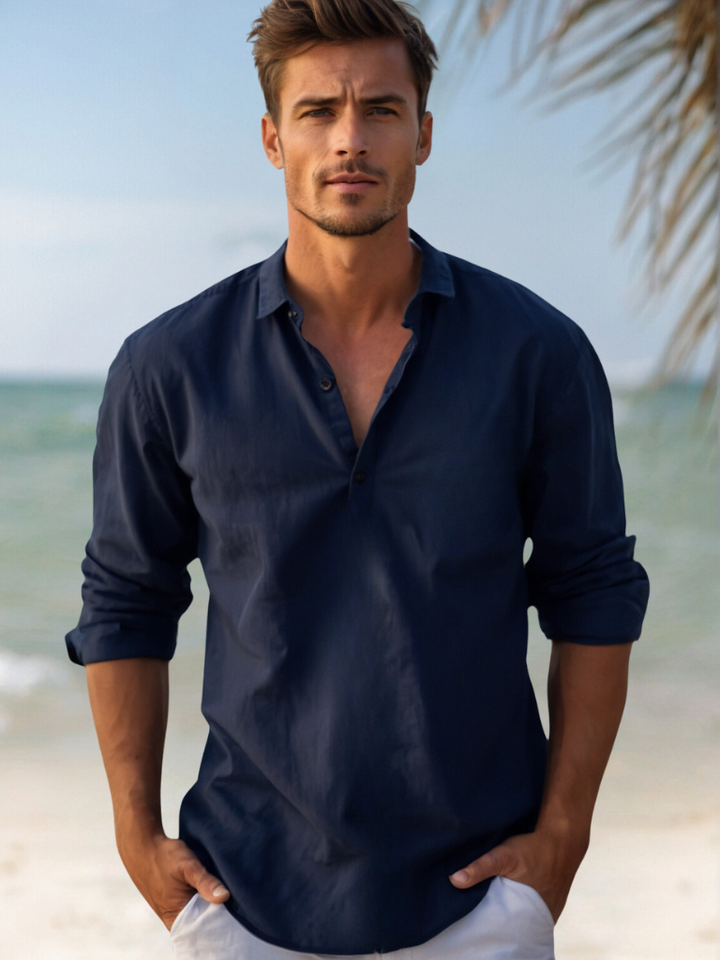 Men's Linen Henley Long Sleeve Relaxed Fit Shirt
