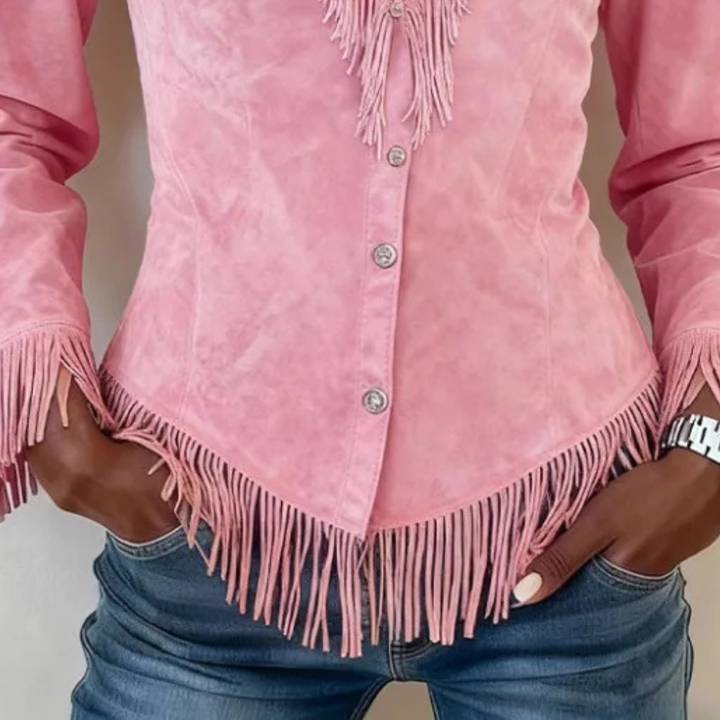 Women's Suede Fringed Long-Sleeve Button-Up Shirt