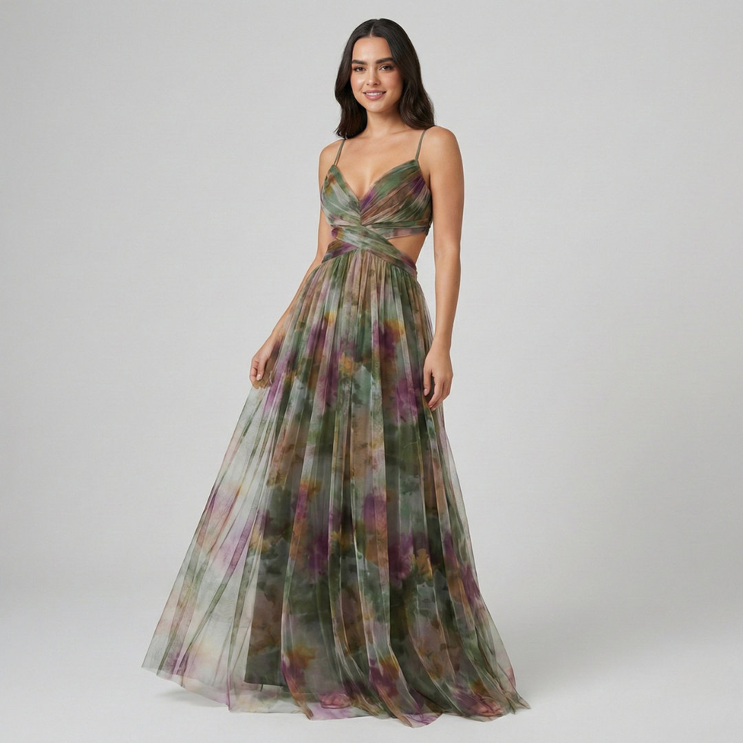 Robe longue fleurie pour femme, sans manches, en mousseline, à col en V torsadé et découpes