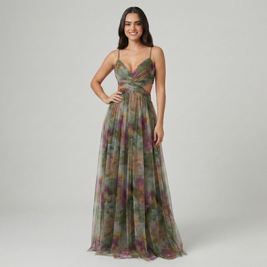Robe longue fleurie pour femme, sans manches, en mousseline, à col en V torsadé et découpes