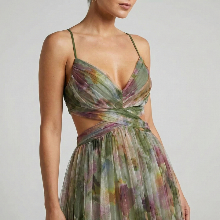 Robe longue fleurie pour femme, sans manches, en mousseline, à col en V torsadé et découpes