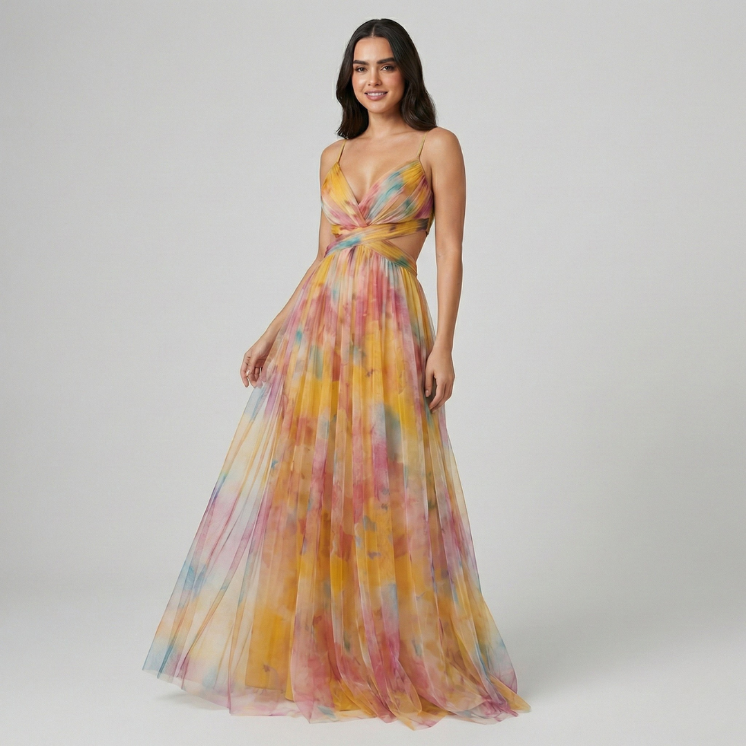 Robe longue fleurie pour femme, sans manches, en mousseline, à col en V torsadé et découpes