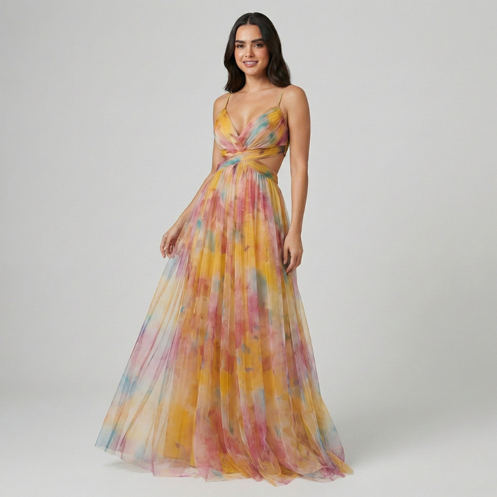 Robe longue fleurie pour femme, sans manches, en mousseline, à col en V torsadé et découpes