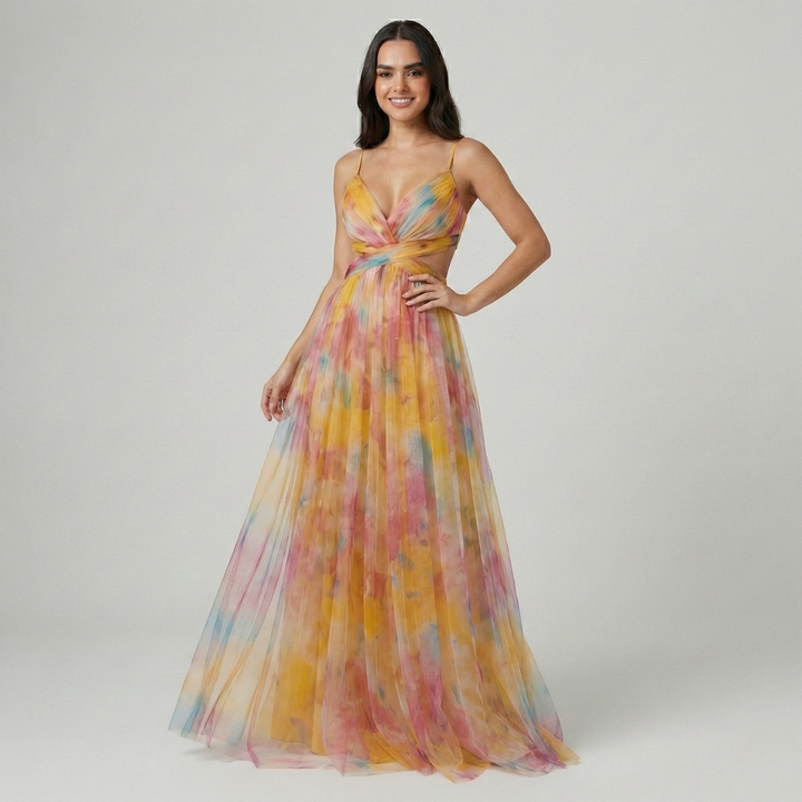 Robe longue fleurie pour femme, sans manches, en mousseline, à col en V torsadé et découpes