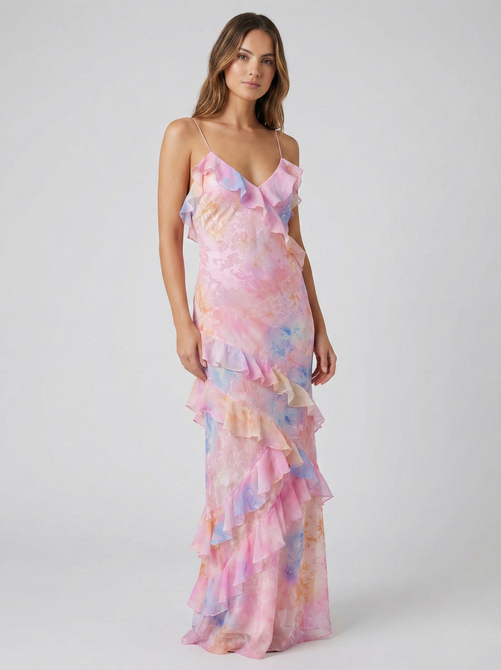 Women's Chiffon Ruffle Maxi Dress Tiered V-Neck Backless Formal Evening Gown