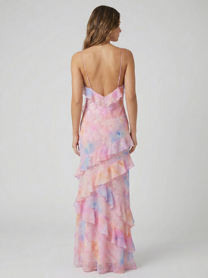 Women's Chiffon Ruffle Maxi Dress Tiered V-Neck Backless Formal Evening Gown