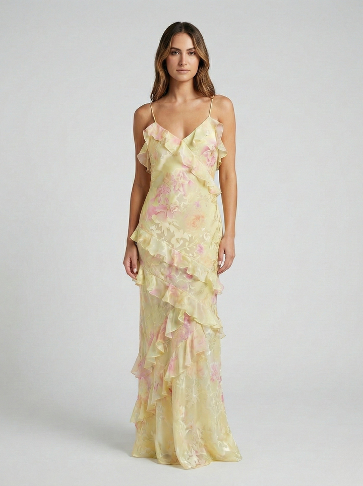 Women's Chiffon Ruffle Maxi Dress Tiered V-Neck Backless Formal Evening Gown