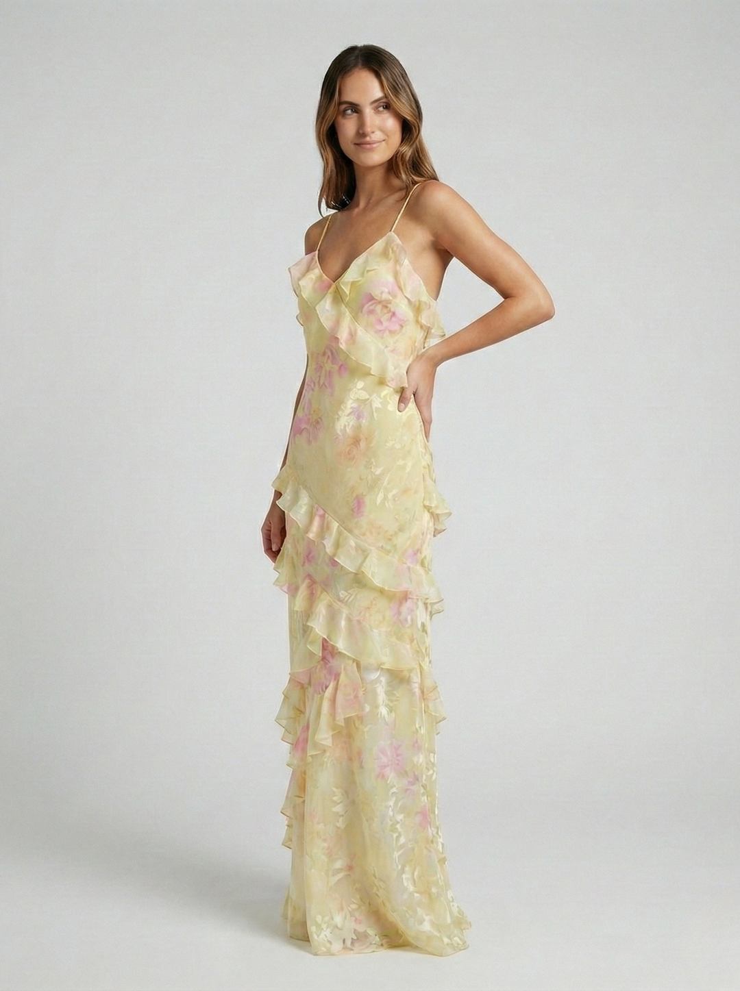Women's Chiffon Ruffle Maxi Dress Tiered V-Neck Backless Formal Evening Gown