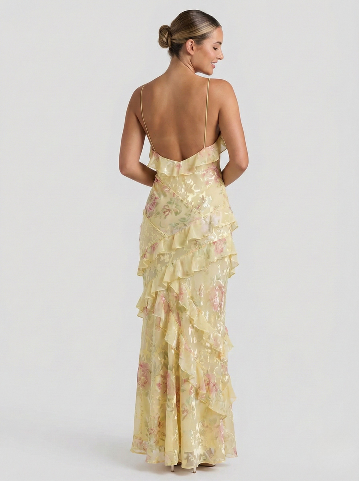 Women's Chiffon Ruffle Maxi Dress Tiered V-Neck Backless Formal Evening Gown