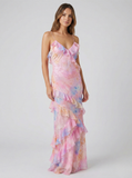 Women's Chiffon Ruffle Maxi Dress Tiered V-Neck Backless Formal Evening Gown