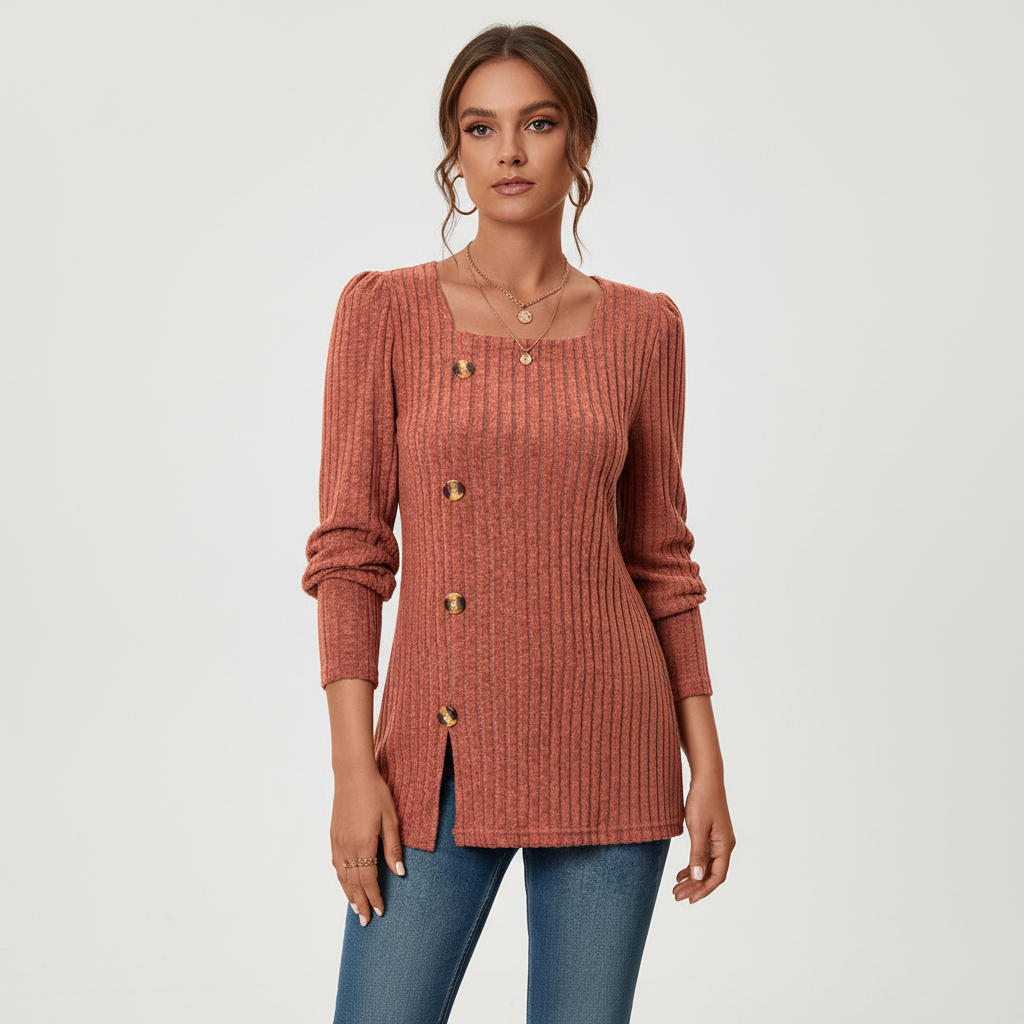 Women’s Ribbed Merino Wool Square-Neck Long-Sleeve Sweater