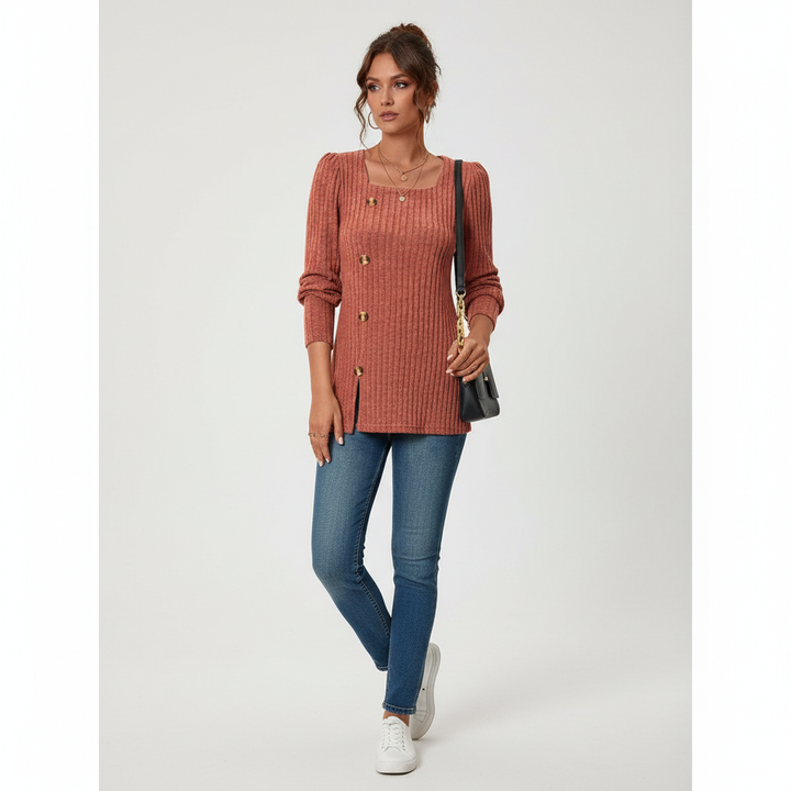 Women’s Ribbed Merino Wool Square-Neck Long-Sleeve Sweater