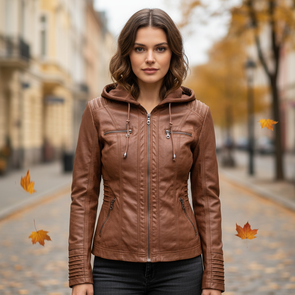 Women's Hooded Leather Jacket Slim Fit Coat