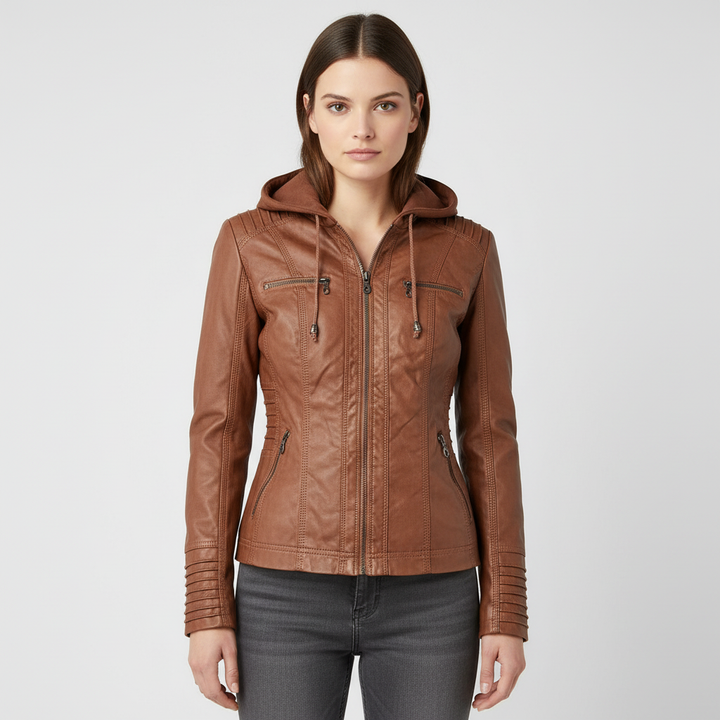 Women's Hooded Leather Jacket Slim Fit Coat