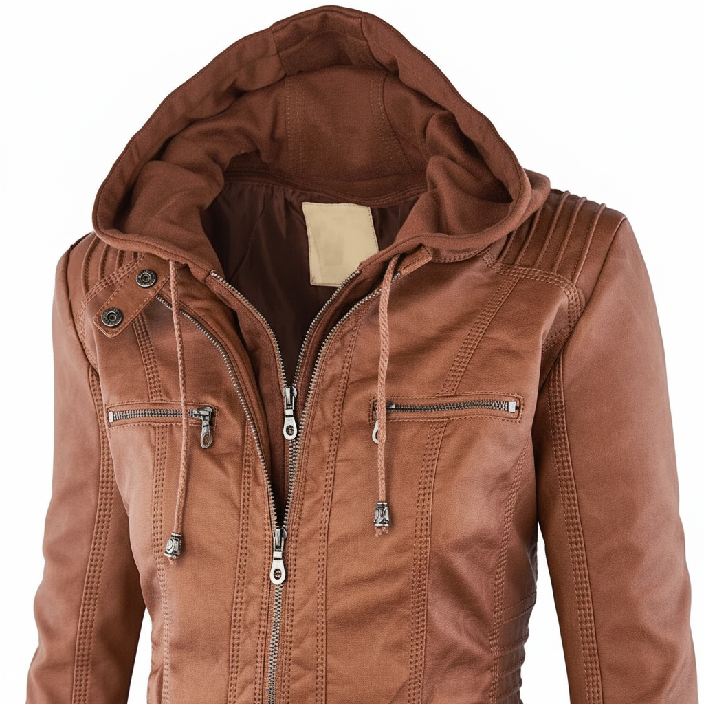 Women's Hooded Leather Jacket Slim Fit Coat