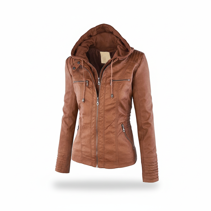 Women's Hooded Leather Jacket Slim Fit Coat