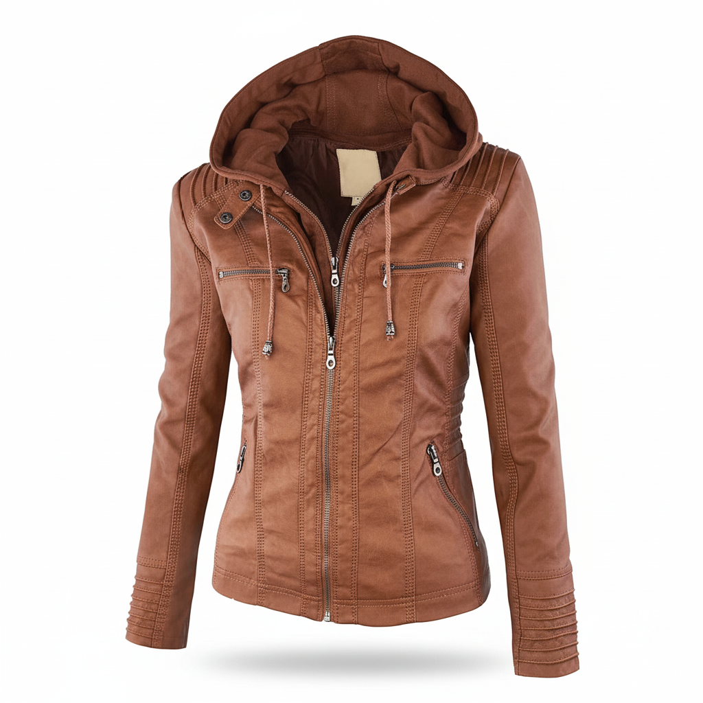 Women's Hooded Leather Jacket Slim Fit Coat
