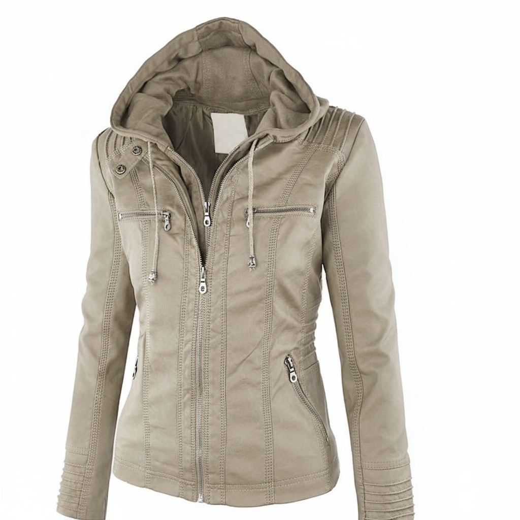 Women's Hooded Leather Jacket Slim Fit Coat