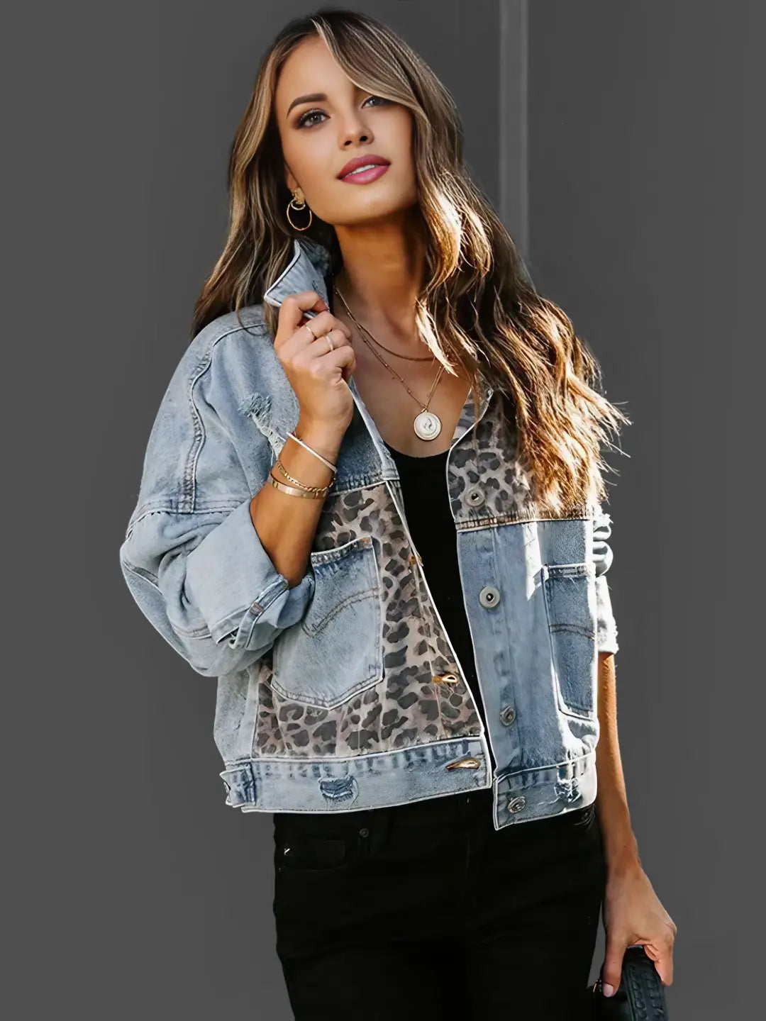 Women's Denim Leopard Print Jacket