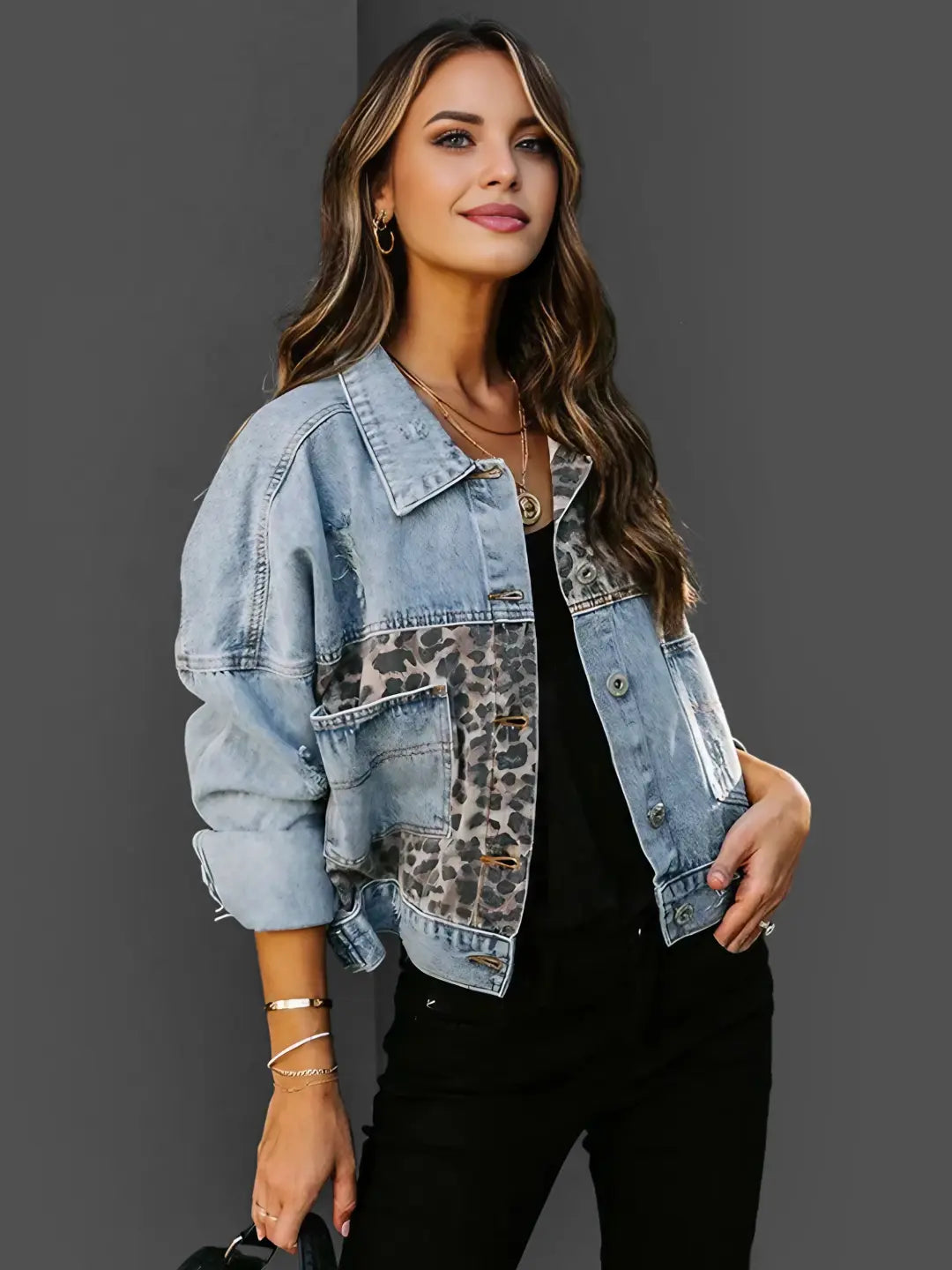 Women's Denim Leopard Print Jacket