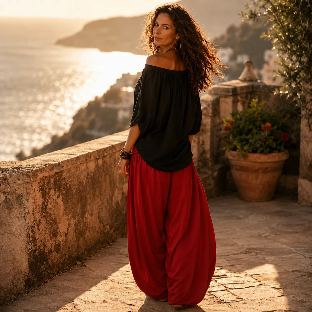 Women's Linen Blend Off-Shoulder Top and Wide-Leg Pants Two-Piece Set