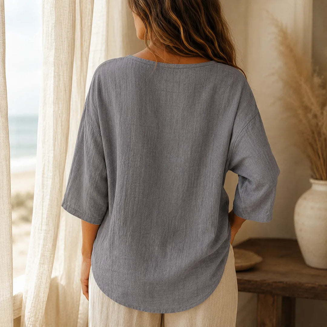 Women's Linen Oversized V-Neck T-Shirt Loose Casual Half-Sleeve Top