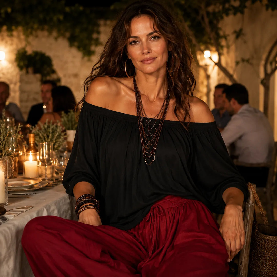 Women's Linen Blend Off-Shoulder Top and Wide-Leg Pants Two-Piece Set