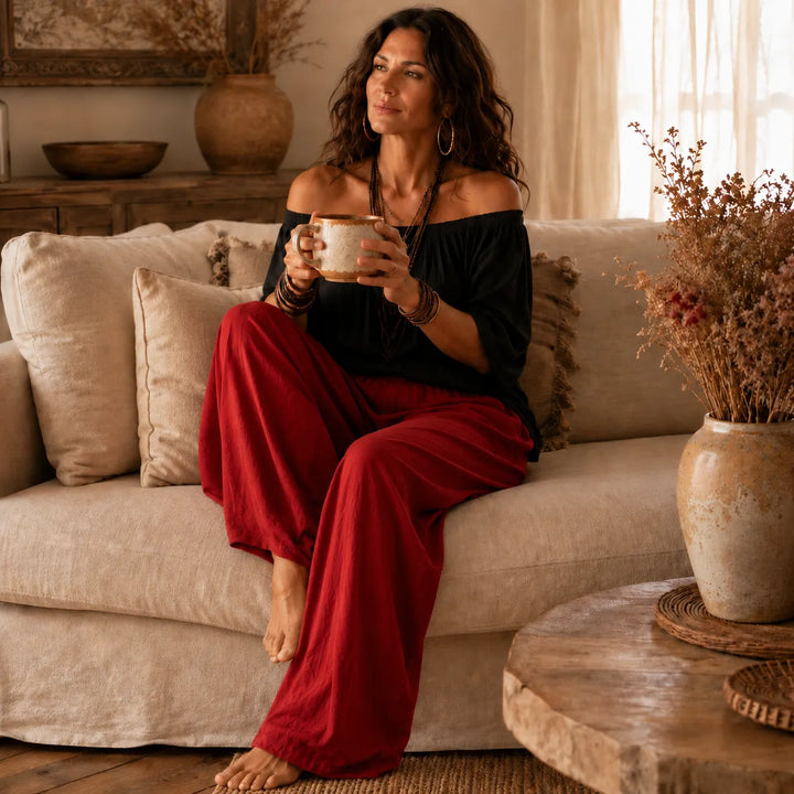 Women's Linen Blend Off-Shoulder Top and Wide-Leg Pants Two-Piece Set