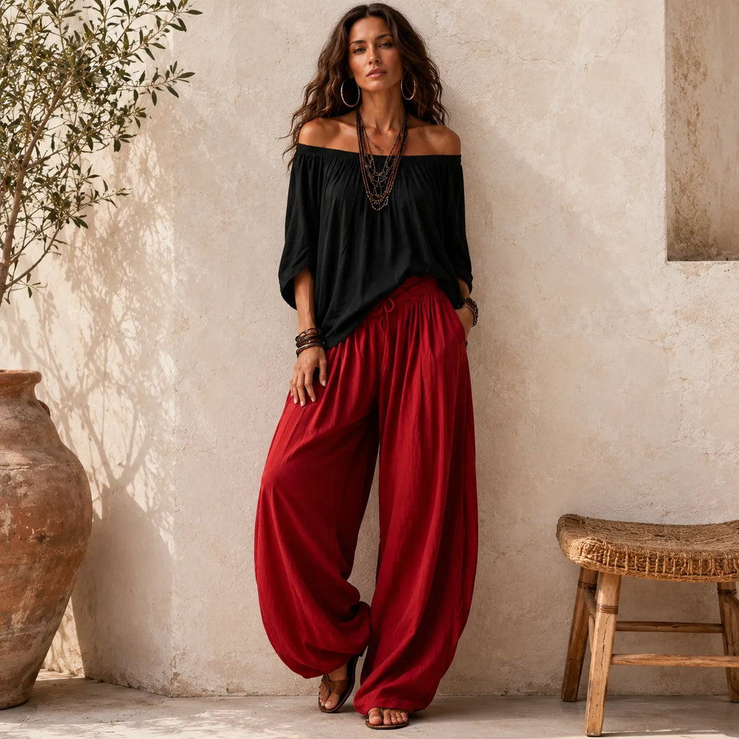 Women's Linen Blend Off-Shoulder Top and Wide-Leg Pants Two-Piece Set