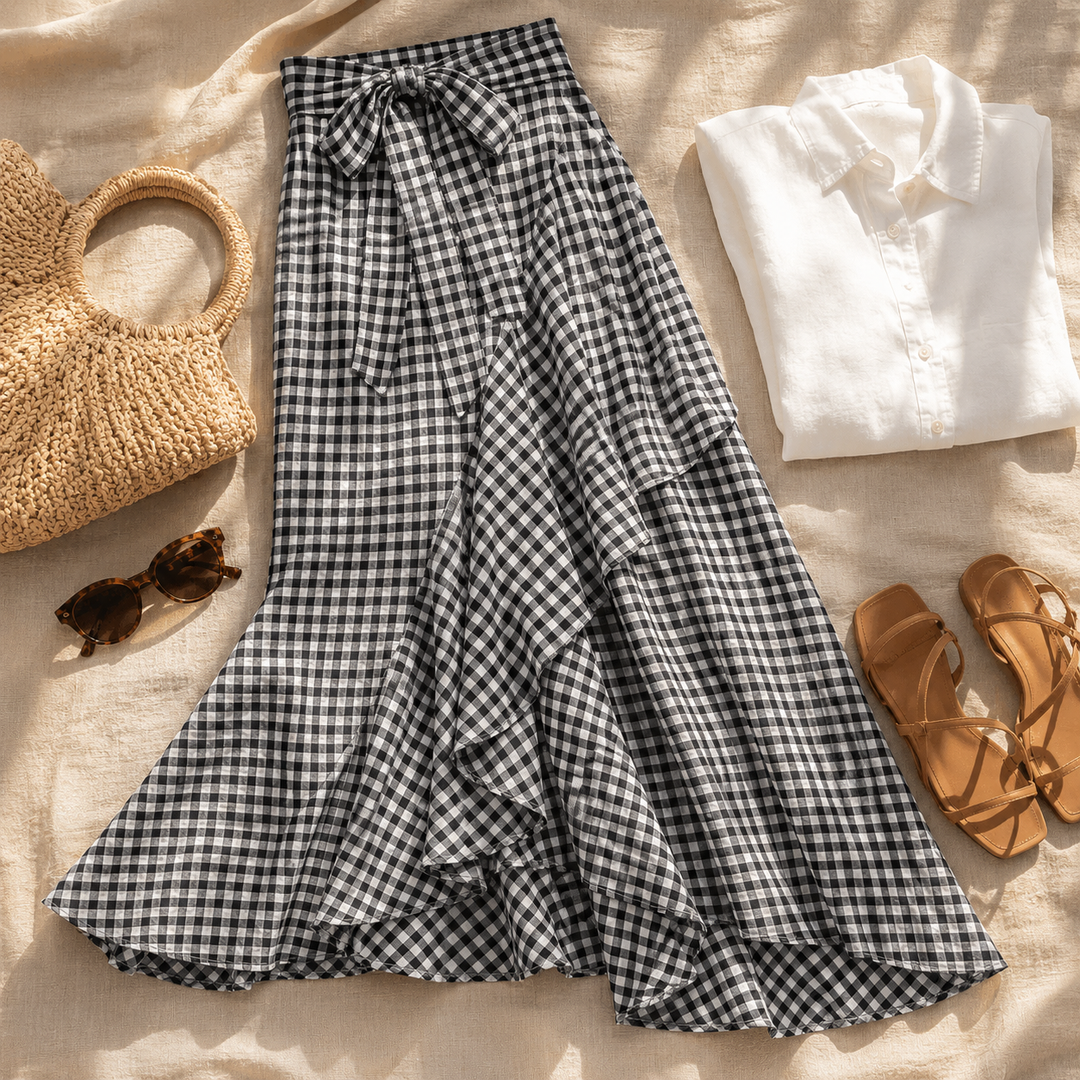 Női lenvászon gingham fodros, magas derekú, kockás maxi szoknya, bokáig érő fazon