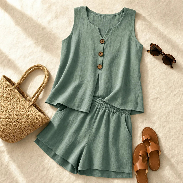Women's Linen Two Piece Vest and Shorts Matching Loungewear Set